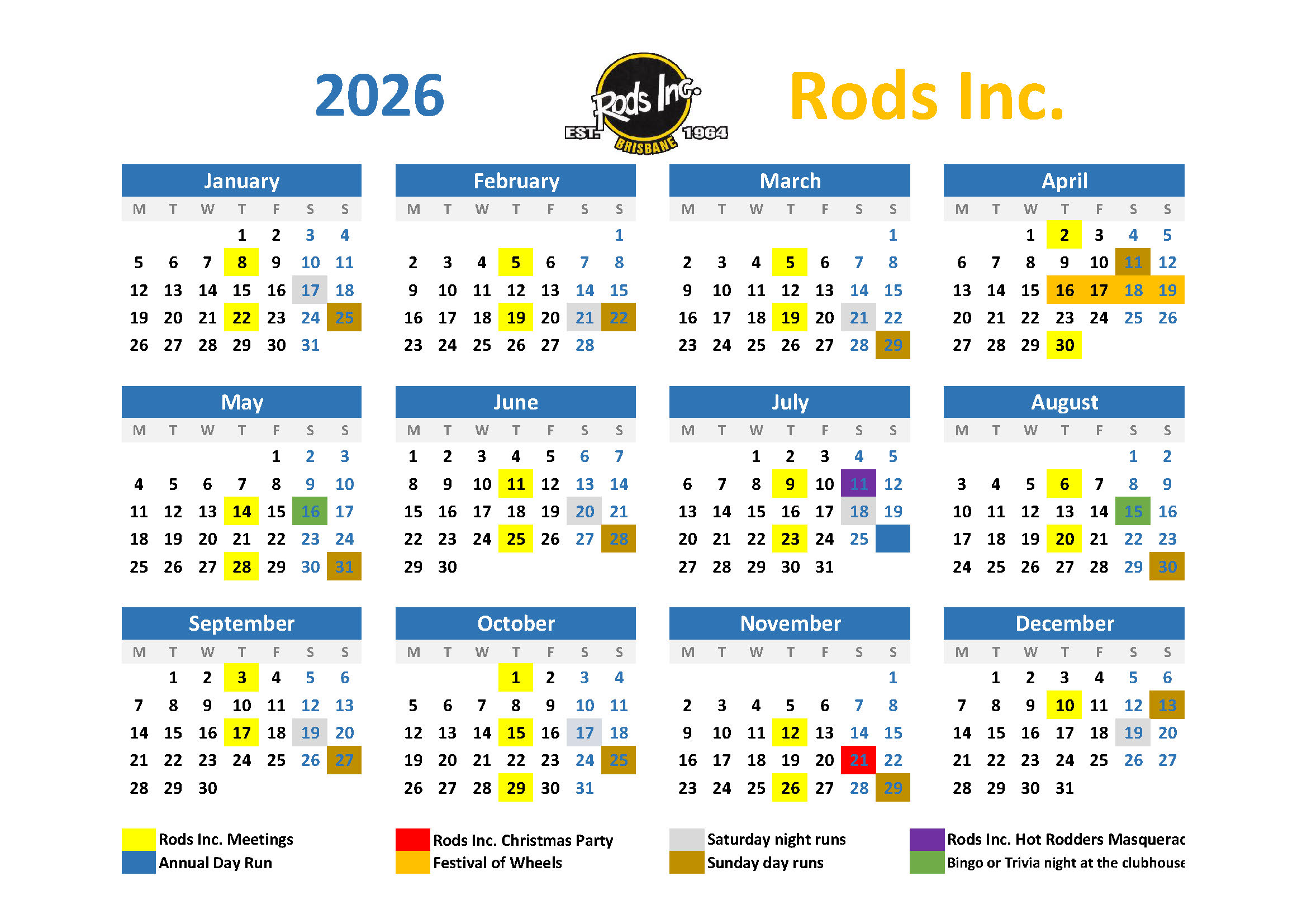 Rods Inc. Calendar